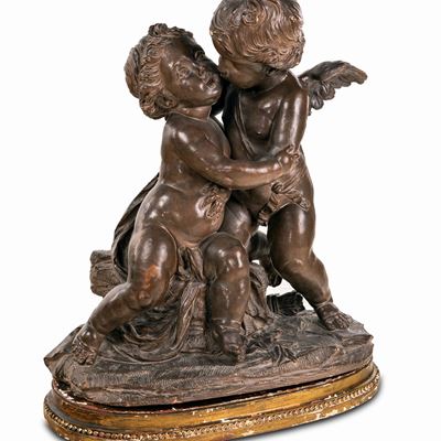 Gruppo in Terracotta con Amore e Psiche Dall'originale di Claude-augustin Cayot, Francia, XIX Sec...