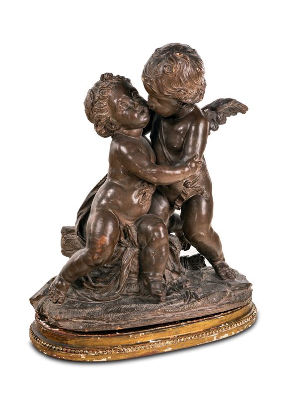Gruppo in terracotta con Amore e Psiche dall'originale di Claude-Augustin Cayot, Francia, XIX secolo