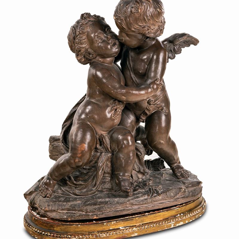 Gruppo in Terracotta con Amore e Psiche Dall'originale di Claude-augustin Cayot, Francia, XIX Sec...