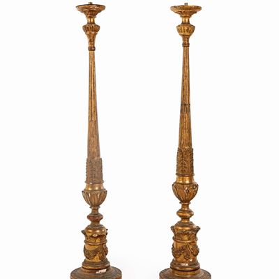 Coppia di Torciere in Legno Dorato, XIX Secolo