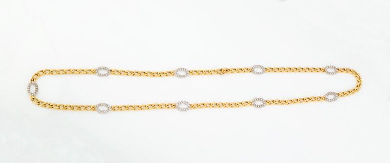 Collana Grumetta in Oro Giallo e Ovali in Oro Bianco e Brillanti