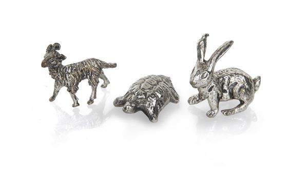 Tre miniature in argento raffiguranti animali