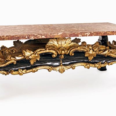 Tavolino da Salotto in Legno Intagliato, Laccato e Dorato con Piano in Marmo