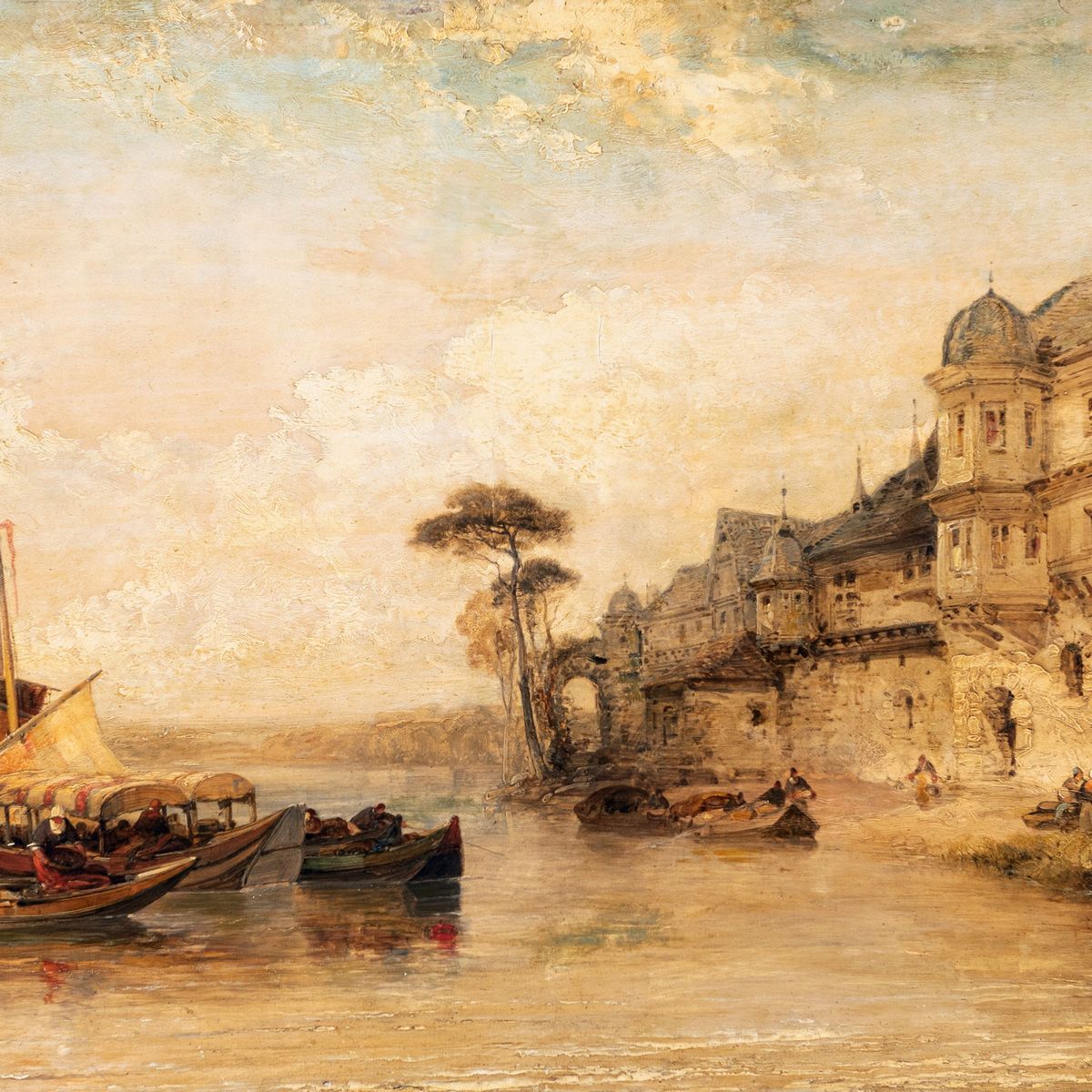 Scuola Inglese del XIX Secolo - Capriccio con Architetture e Imbarcazioni