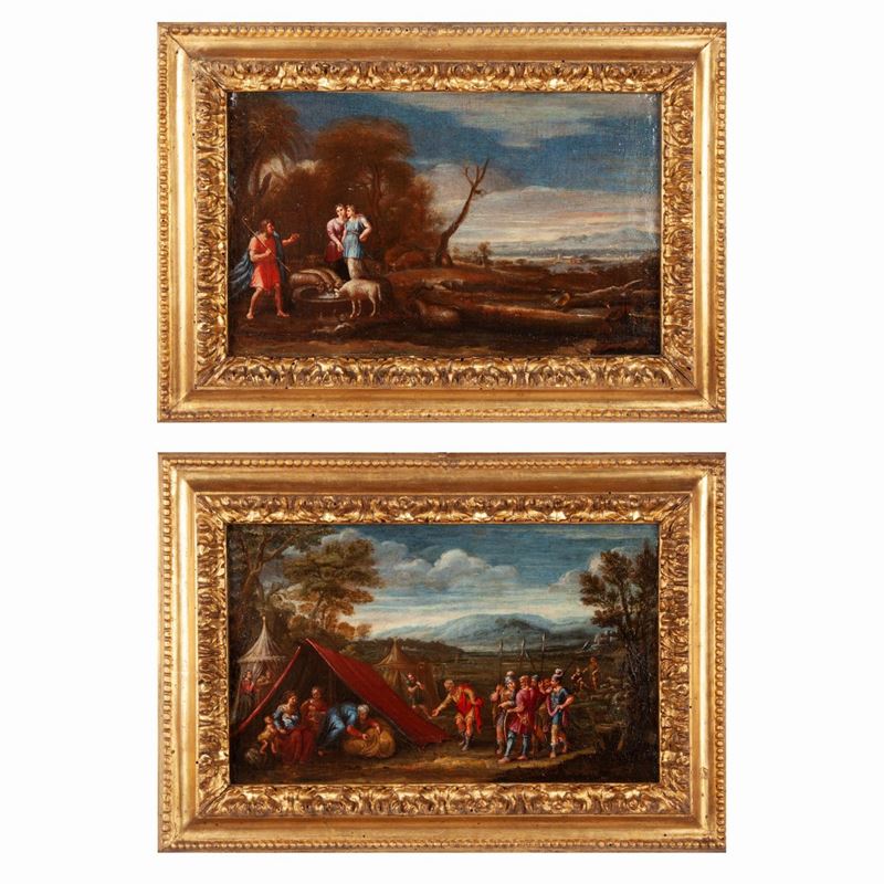 Scuola Fiamminga del XVII Secolo - A) Paesaggio con San Giovanni Battista B) Paesaggio con Accamp...