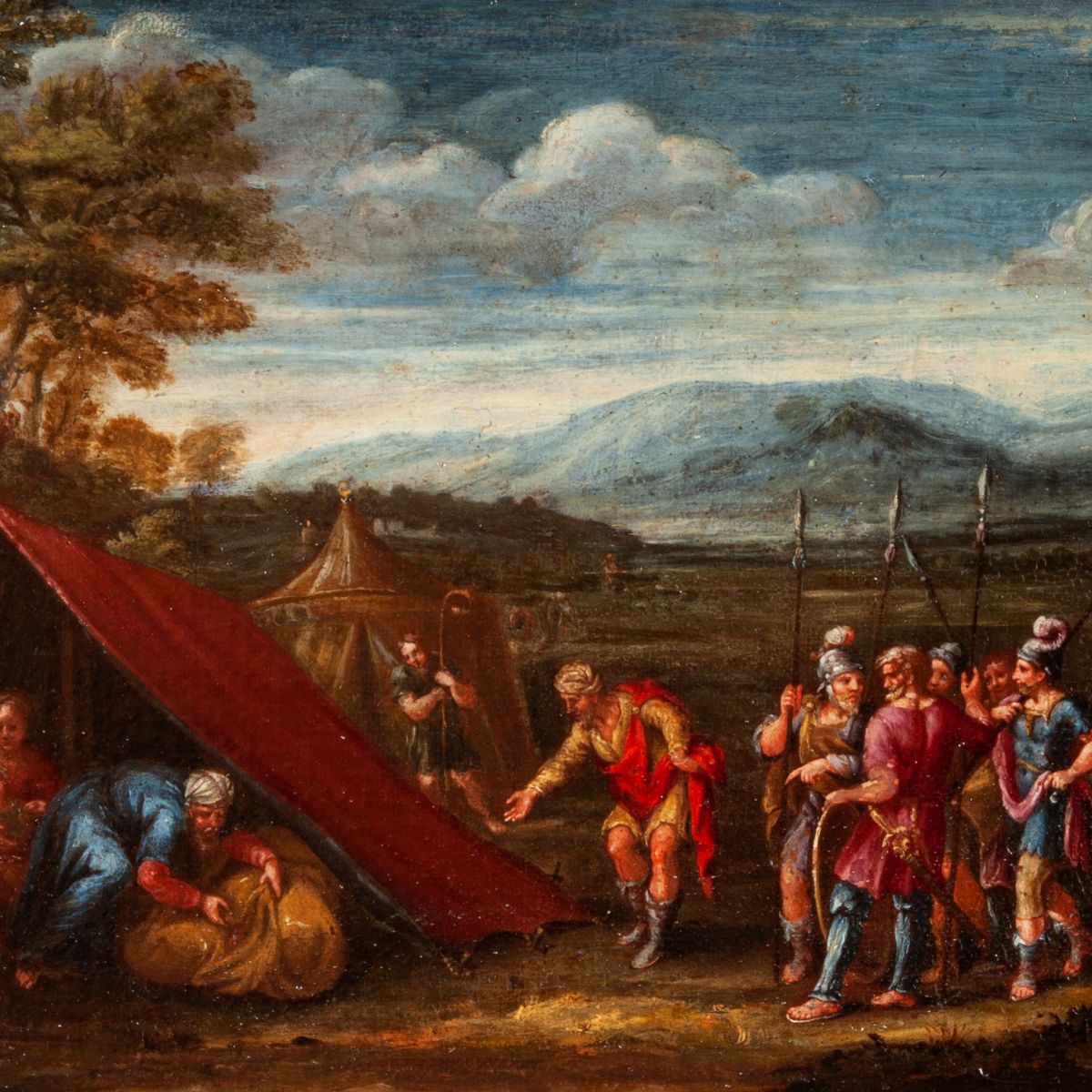 Scuola Fiamminga del XVII Secolo - A) Paesaggio con San Giovanni Battista B) Paesaggio con Accamp...