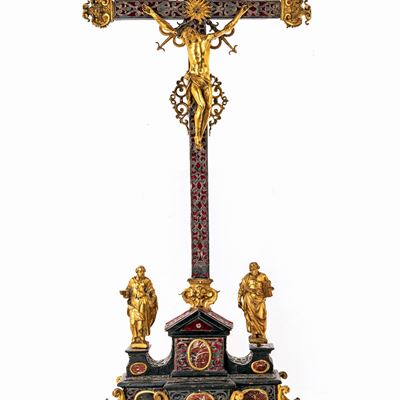 Crocifisso da Altare in Bronzo Dorato, Rame Argentato e Legno Ebanizzato