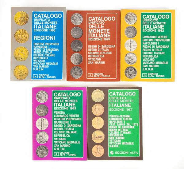 5 Cataloghi Unificato delle Monete Italiane - Edizioni 1979, 1982, 1983, 1987 e Regioni 1985