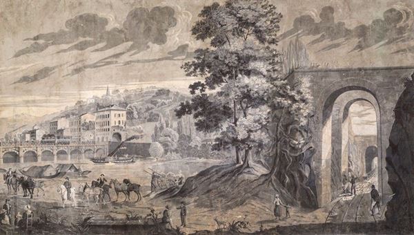 Pittore della fine del  XVIII secolo - PAESAGGIO FLUVIALE