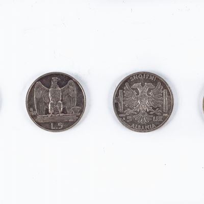 5 Lek XVII 1939 Albania; 5 Lire 1927; 2 Monete da 5 Lire 1929 Vittorio Emanuele II Regno D'italia