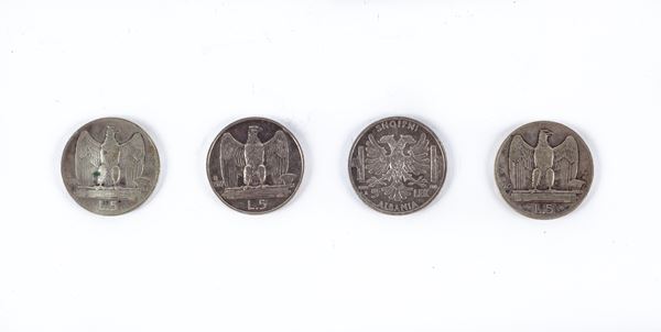 5 Lek XVII 1939 Albania; 5 Lire 1927; 2 monete da 5 Lire 1929 Vittorio Emanuele II Regno d'Italia