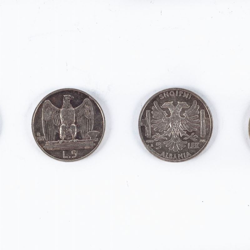 5 Lek XVII 1939 Albania; 5 Lire 1927; 2 Monete da 5 Lire 1929 Vittorio Emanuele II Regno D'italia