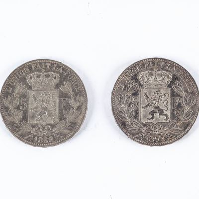 2 Monete 5 Franchi 1868, 1873 Leopoldo II Regno del Belgio