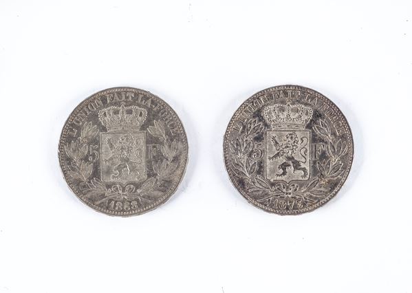 2 monete 5 Franchi 1868, 1873 Leopoldo II Regno del Belgio