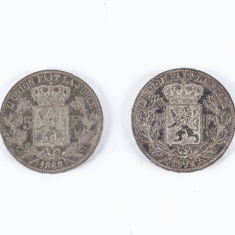 2 Monete 5 Franchi 1868, 1873 Leopoldo II Regno del Belgio