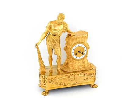 Orologio Impero in Bronzo Dorato Raffigurante Ercole con Clava, Francia Inizio XIX Secolo