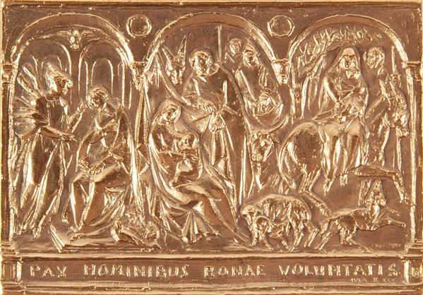 Enrico Manfrini - Enrico Manfrini - Placchetta uniface, bassorilievo in bronzo raffigurante l'Annunciazione, La Natività e la Fuga in Egitto.