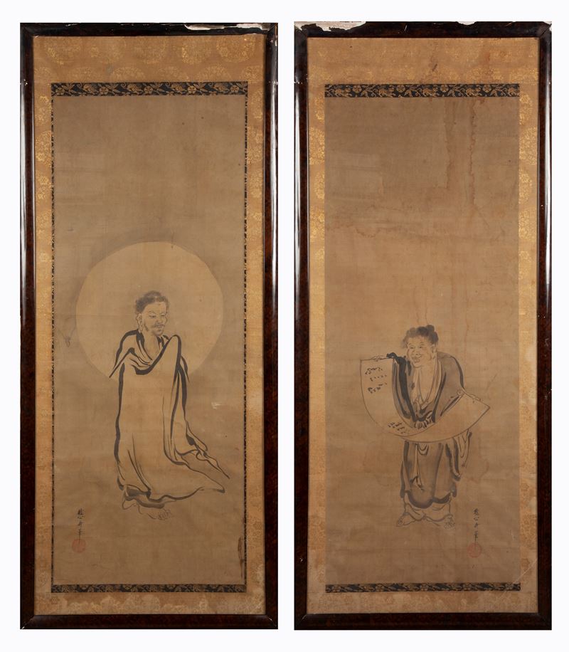 Coppia di Antichi Pannelli Giapponesi, Scuola di Nakahashi Kano, Primo Periodo Edo