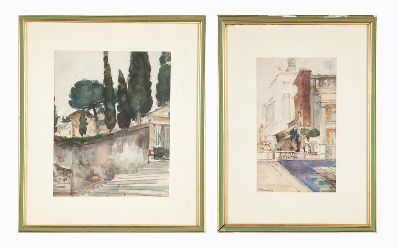 Pittore del XIX Secolo, Giulio Brunacci - Scorci di Roma - Coppia di Acquerelli