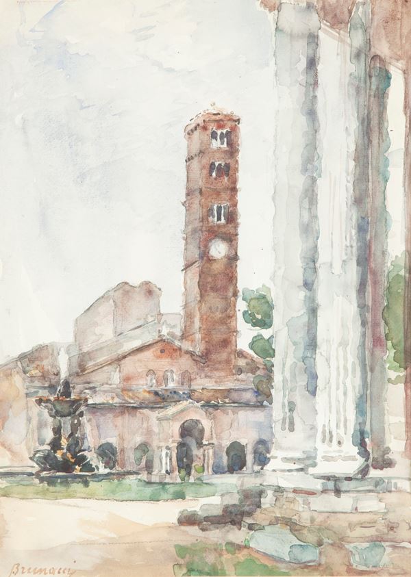 Pittore del XIX secolo,Giulio Brunacci - Basilica di Santa Maria in Cosmedin e la piazza della Bocca della Verità