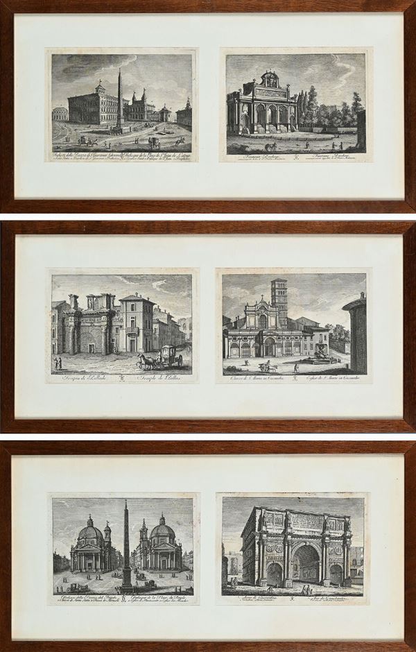 Mariano Vasi - Mariano Vasi - Lotto di 6 incisioni: Obelisco della Piazza del Popolo; Arco di Costantino; Obelisco della Piazza di S. Giovanni Laterano; Fontana Paolina; Tempio di Pallade; Chiesa di S. Maria in Cosmedin