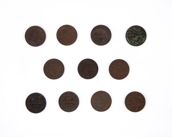 Lotto 11 monete da 10 Centesimi Vittorio Emanuele II Regno d'Italia 1862M; 1863 Parigi 2 esemplari; 1866N 2 esemplari; 1867 Birmingham 3 esemplari; 1867N e Umberto I 1894 (Roma e Birmingham)