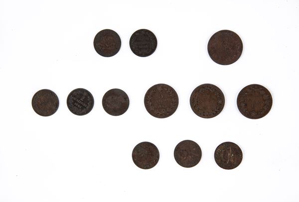 Lotto 12 monete Vittorio Emanuele II Regno d'Italia: 5 Centesimi 1861M; 1862N 2 esemplari; 1867N; 2 Centesimi 1861M 2 esemplari; 1862N 2 esemplari; 1867M 4 esemplari