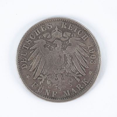 Moneta Composita: D/ 5 Marchi 1903 Guglielmo II di Prussia Impero Tedesco - R/ 50 Centesimos di B...