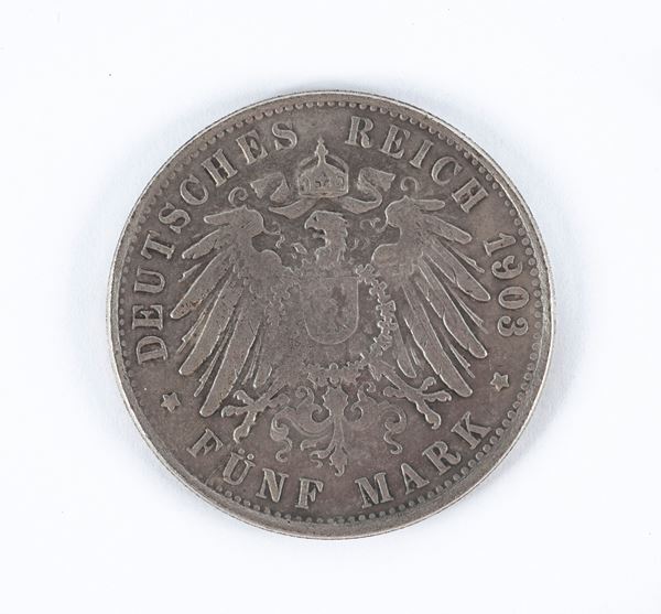 Moneta composita: D/ 5 Marchi 1903 Guglielmo II di Prussia Impero Tedesco - R/ 50 Centesimos di Balboa 1904 Repubblica di Panama