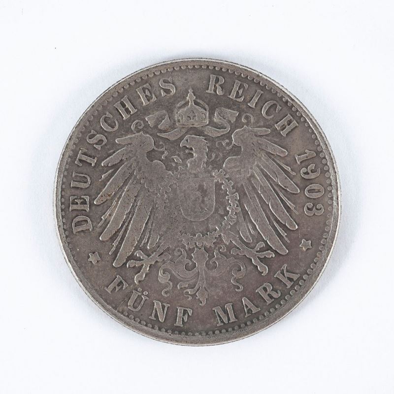 Moneta Composita: D/ 5 Marchi 1903 Guglielmo II di Prussia Impero Tedesco - R/ 50 Centesimos di B...
