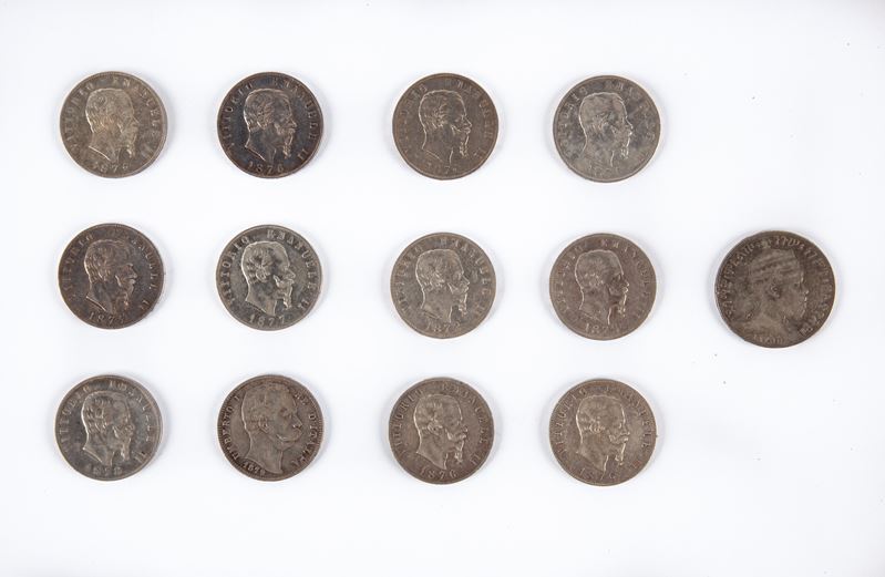 Lotto 12 Esemplari da 5 Lire Vittorio Emanuele II e Umberto i Regno D'italia: 1871 M (2 Esemplari...