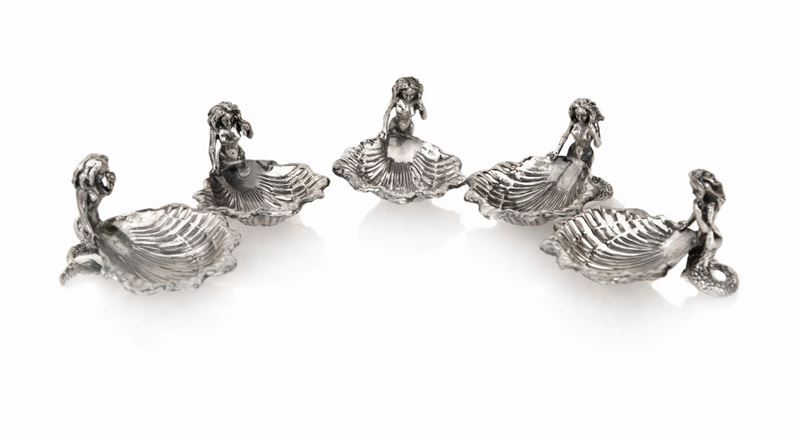 Cinque Saliere in Argento 800 con Sirene