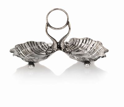 Saliera in Argento 800 a Doppia Vaschetta a Forma di Conchiglia