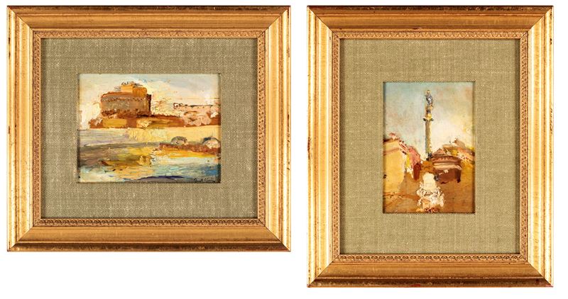 Colonna dell'Immacolata a Piazza Mignanelli; Veduta di Castel Sant'Angelo - coppia di dipinti