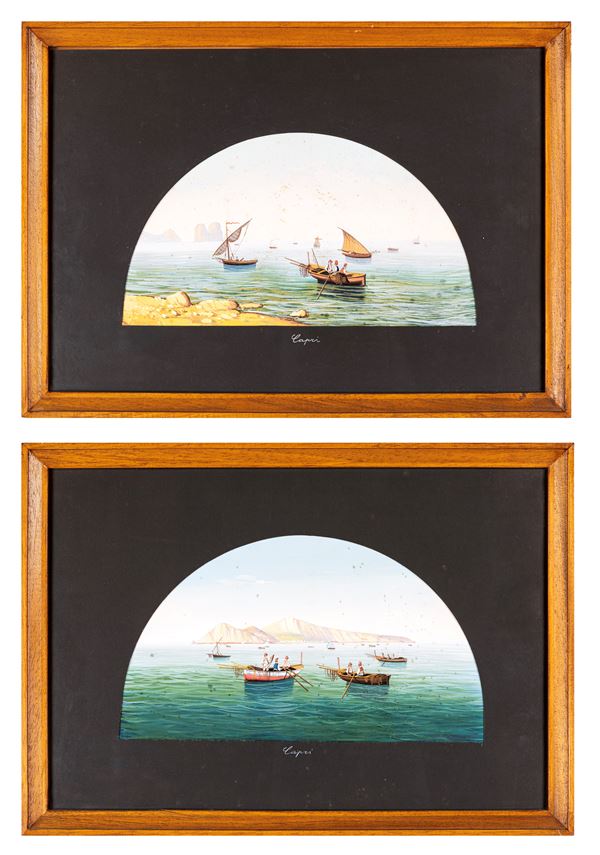 Pittore degli inizi del XX secolo - a) Barche con pescatori a Capri  b) Barche con pescatori ai faraglioni