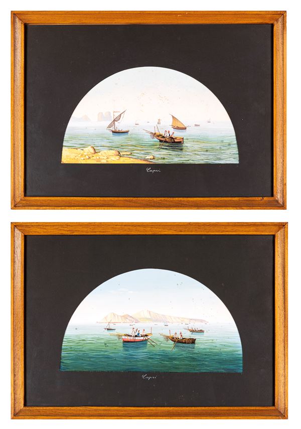 Pittore degli inizi del XX secolo - a) Barche con pescatori a Capri;  b) Barche con pescatori ai faraglioni 