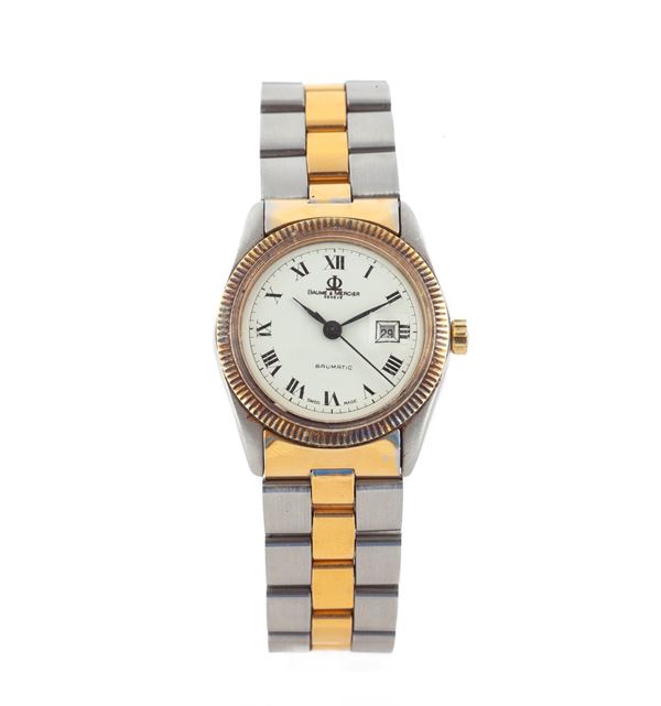 Baume & Mercier Baumatic 1185.3 - Orologio da polso automatico da donna in acciaio e acciaio dorato con datario. Bracciale originale in acciaio e acciaio dorato. Fondello a vite, quadrante color crema, numeri romani, datario ad ore 6, lancette a foglia, secondi al centro. Movimento automatico, bilanciere monometalico, spirale piana. 