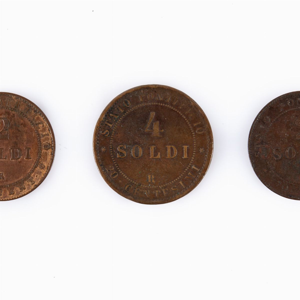 Lotto 5 Monete Stato Pontificio: 4 Soldi 1869 a.XXIII Roma; 2 Soldi 1866 Anno XXI (variante Cent....