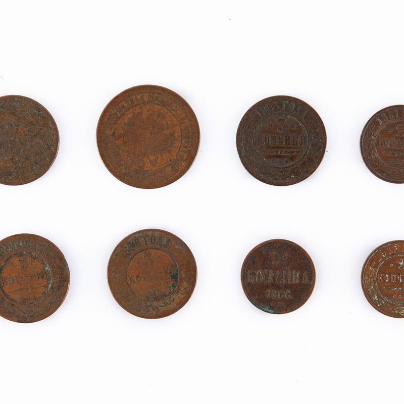 Lotto di 8 Monete Impero Russo: 5 Kopeki 1880; 3 Kopeki 1879, 1880, 1899, 1903; 2 Kopeki 1881, 19...