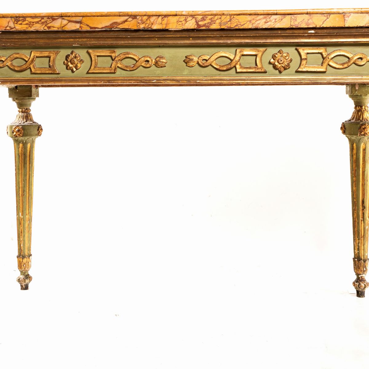 Tavolo da Centro in Legno Laccato Verde Pastello, Dorato Lungo i Profili ed i Rilievi Ornamentali...