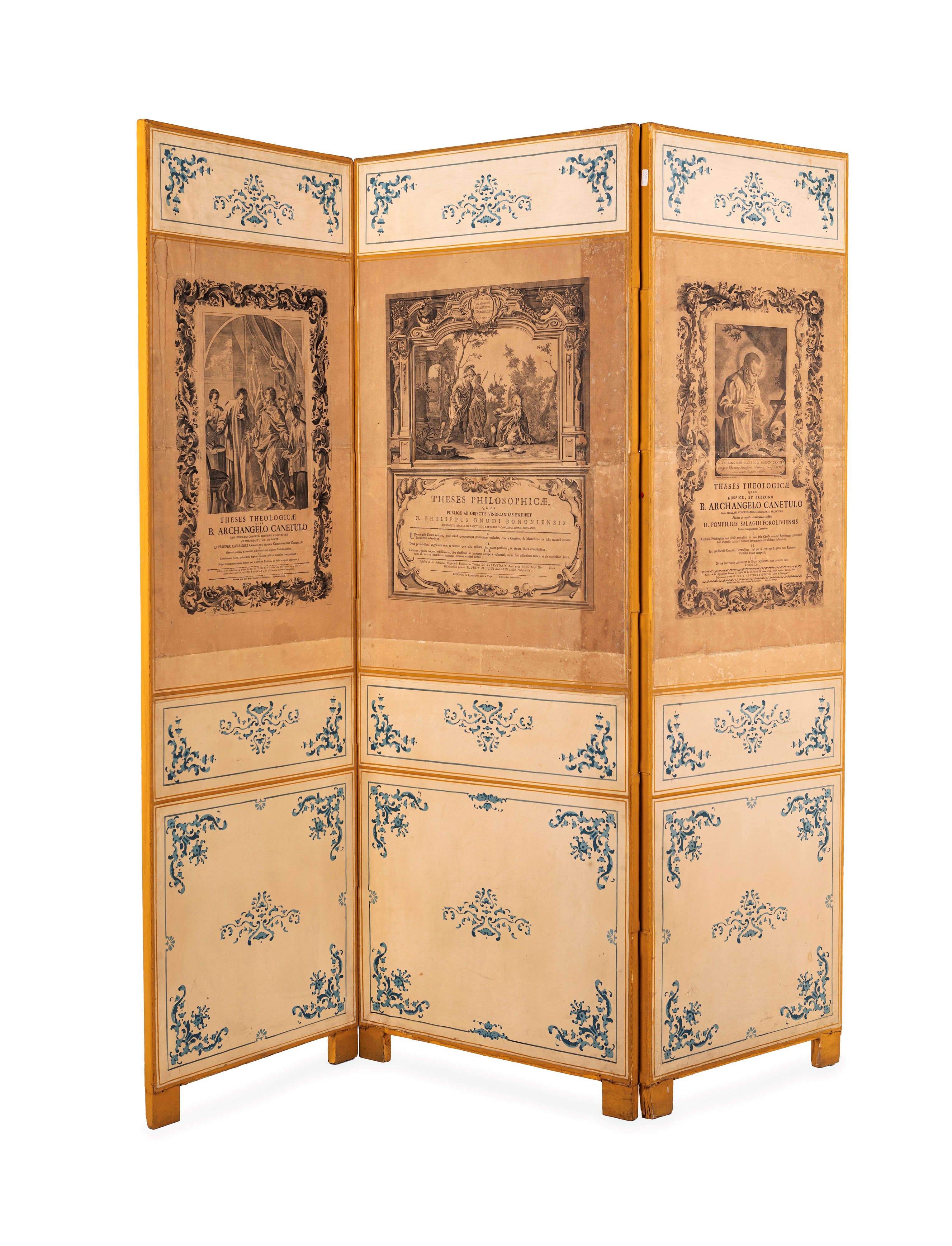 Coppia di paraventi a tre ante in legno dipinto