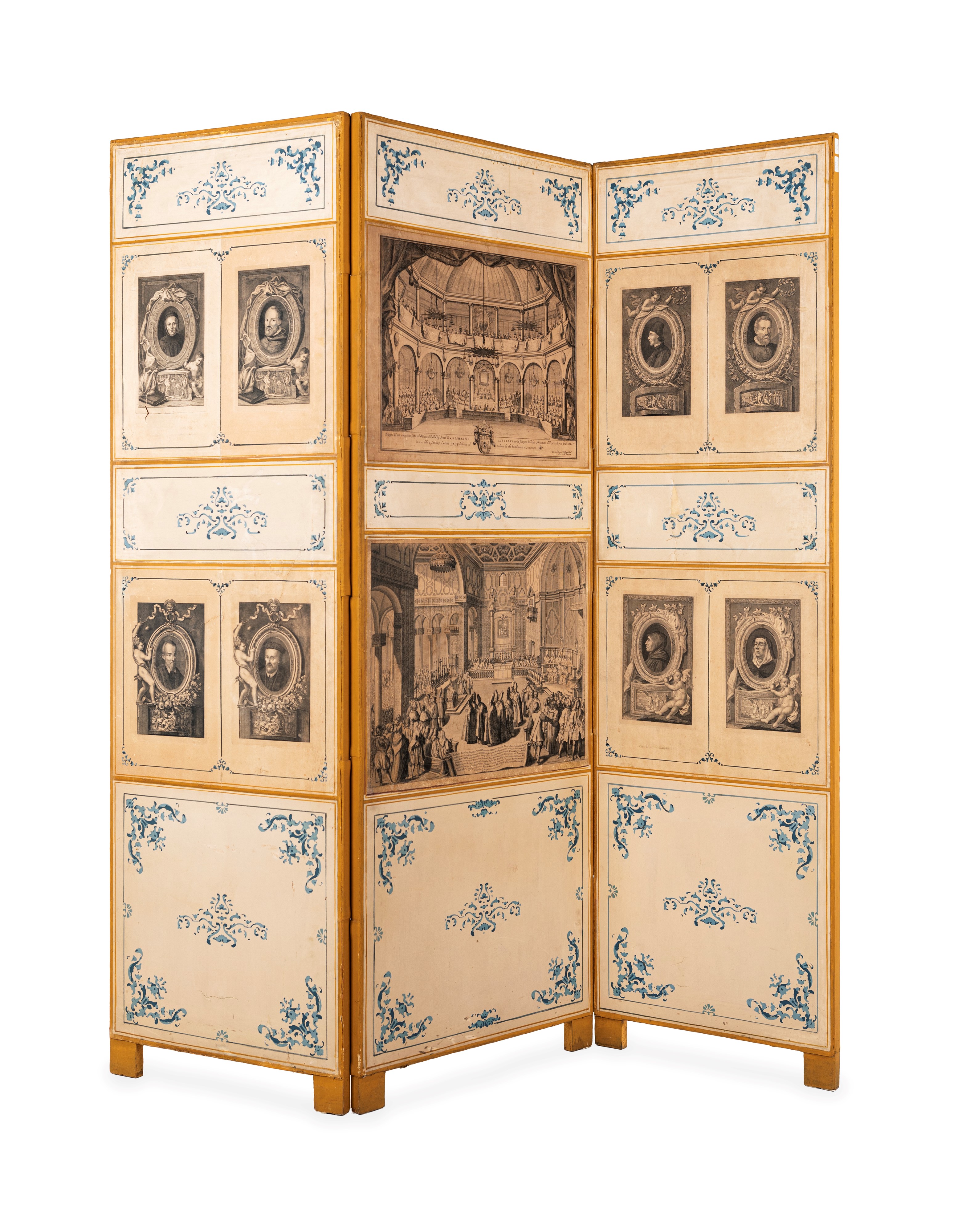 Coppia di paraventi a tre ante in legno dipinto