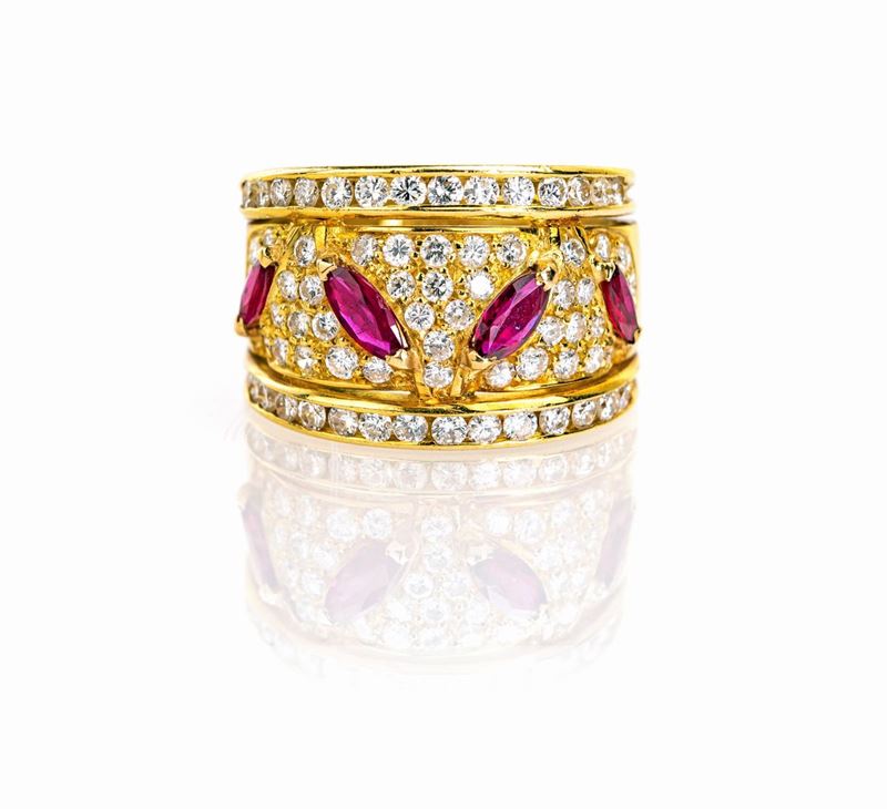 Anello in Oro, Brillanti e Rubini.