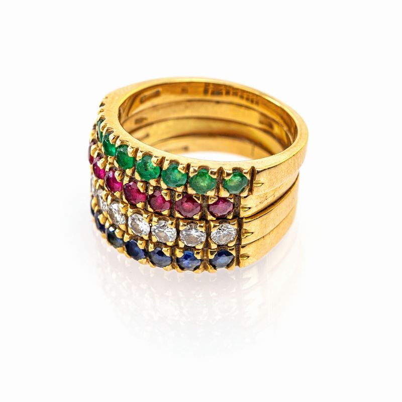 Anello in Oro, Brillanti, Rubini, Zaffiri e Smeraldi
