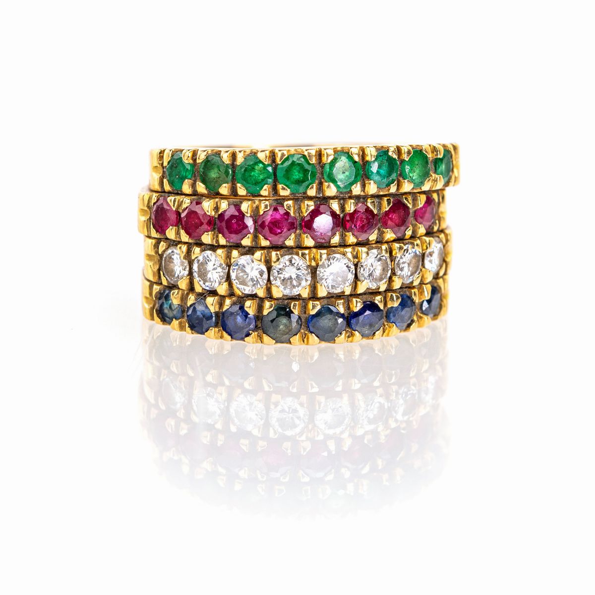 Anello in Oro, Brillanti, Rubini, Zaffiri e Smeraldi