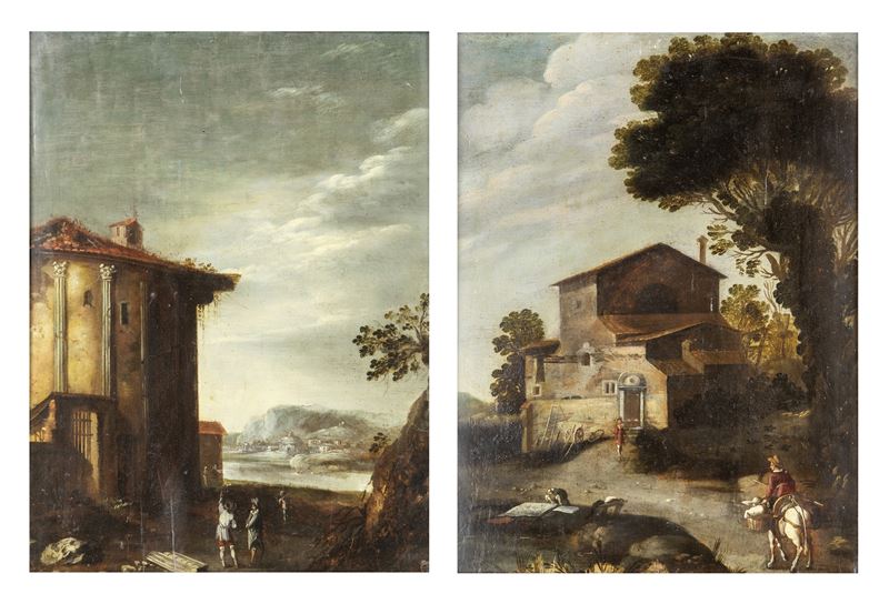 Thomas Wijck - Coppia di Paesaggi Campestri con Pastori