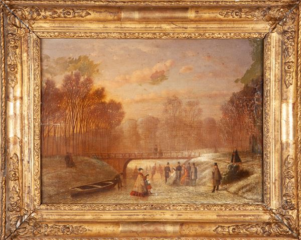 Pittore del XIX secolo - Paesaggio con fiume ghiacciato