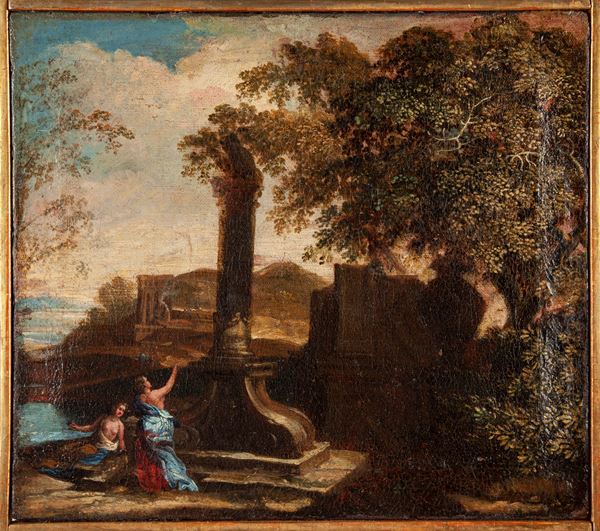 Pittore del XVIII secolo - Paesaggio con figure e rovine classiche