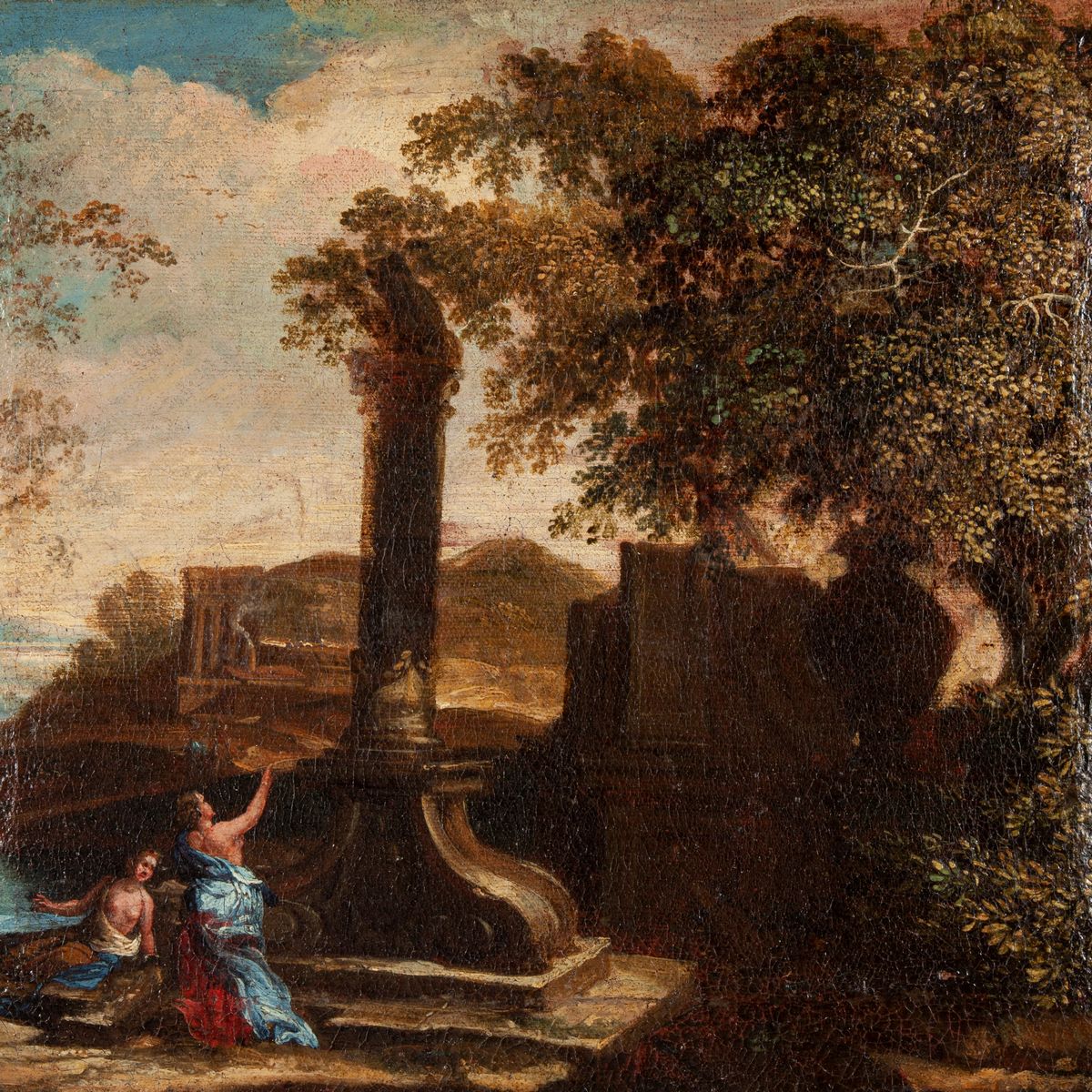 Pittore del XVIII Secolo - Paesaggio con Figure e Rovine Classiche