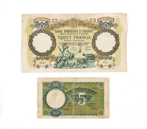 Lotto Cartamoneta Regno d'Italia Albania: 20 Franchi 1939 Banca Nazionale d'Albania Serie T21 0689; 5 Franchi 1939 Banca Nazionale d'Albania Serie Q39 6007